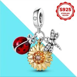 STERLING SILVER 925 SUNFLOWER, LADYBUG & DRAGONFLY CHARM-NWT